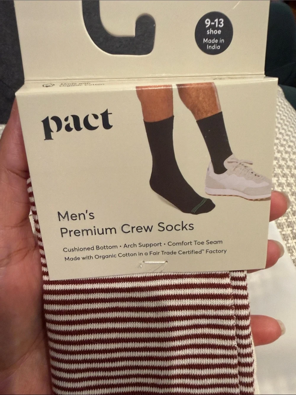 Pact Men's Crew Socks —Olive Wave & Red Stripe with Light Blue Cuff (2-Pack)